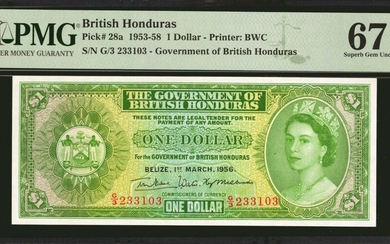 BRITISH HONDURAS. The Government of British Honduras. 1 Dollar, 1953-58. P-28a. PMG Superb Gem Uncirculated 67 EPQ.