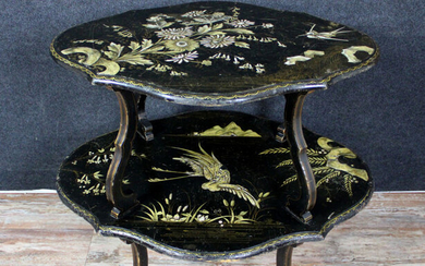 Beautiful japonisant pedestal table double Napoleon III era - black pear and lacquer - Mid 19th century