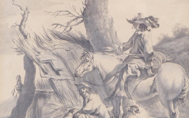 Berchem, Nicolaes (Attrib.): Reiter mit vor einer Hütte sitzendem Bauern
