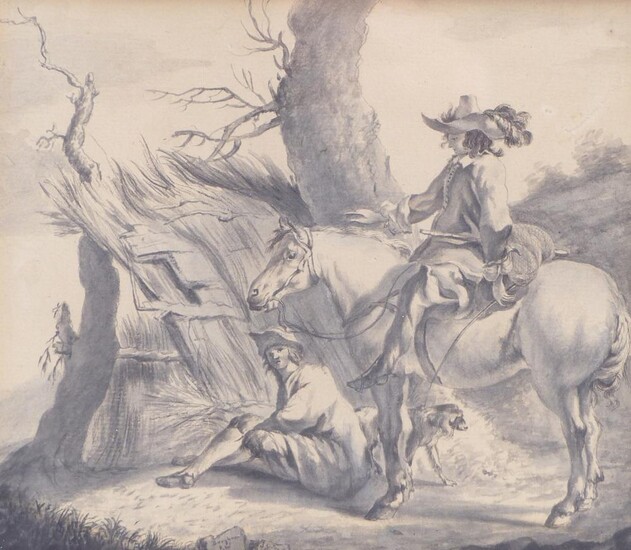 Berchem, Nicolaes (Attrib.): Reiter mit vor einer Hütte sitzendem Bauern