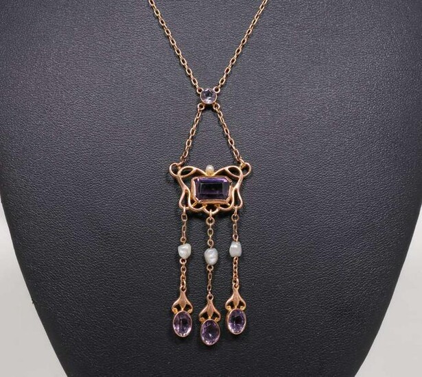Boston A&C 10k Gold, Amethyst & Pearl Necklace c1905