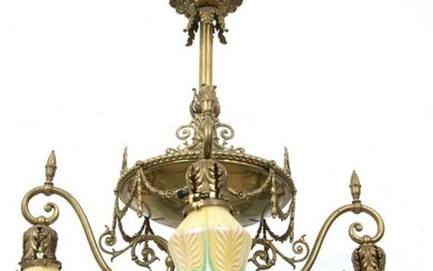 Brass Chandelier with Quezal Shades