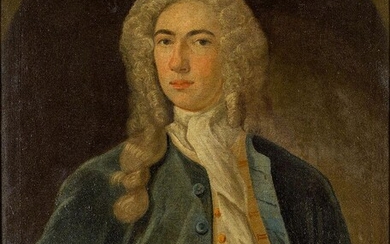 British School, early 18th century- Portrait of Thomas Hext (1699-1767), half-length turned to the right in a blue coat and powdered wig, within a feigned oval, oil on canvas, inscribed 'T Hext' and dated '1721' (lower edge), 76.6 x 63.8 cm...