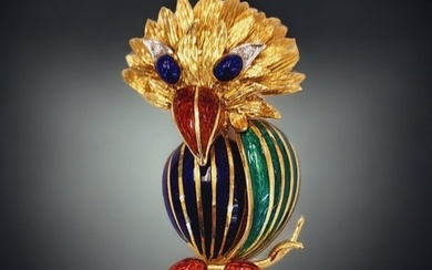 Brooch Yellow gold, Vintage 18k Gold Diamond Enamel Rubys Emerald brooch Parrot