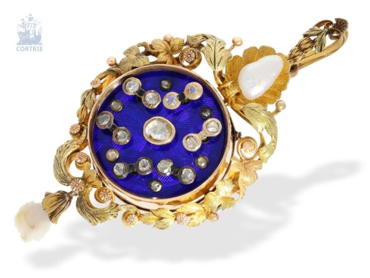 Brooch/ automaton: gold/ enamel pendant/ brooch with automaton and diamonds, probably Geneva for Marcks & Co. Bombay, ca. 1860, original box