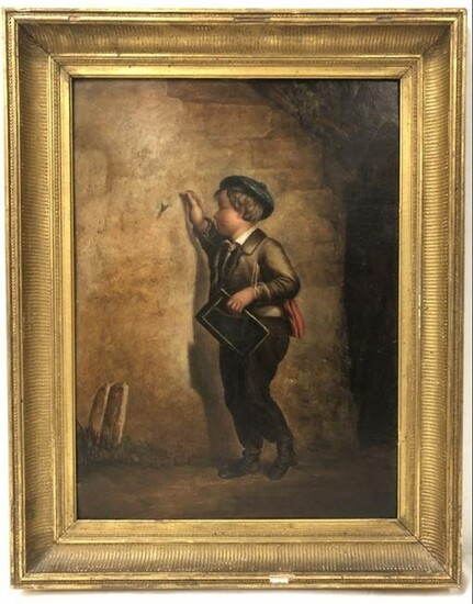 C. 1900 AMERICAN OIL ON BOARD, BOOTBLACK WITH FLY