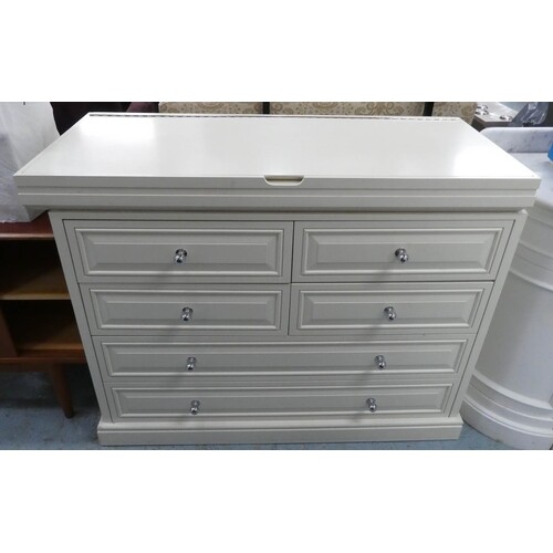 CHEST, cream with rising lid with compartmentalized interior...