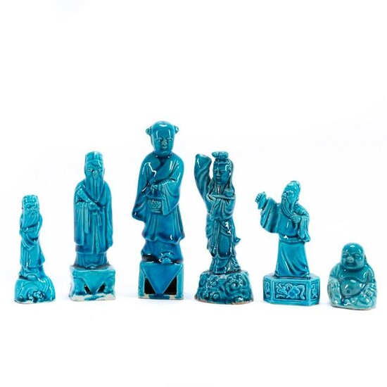 CHINESE 6PC TURQUOISE MONOCHROME IMMORTAL FIGURES