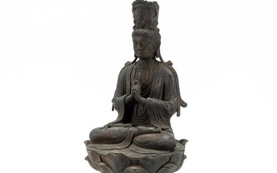 CHINESE BRONZE SEATED GUANYIN ON LOTUS THRONE