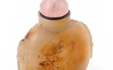 CHINESE CARVED SHADOW AGATE SNUFF BOTTLE Late 19th/Early 20th Century Height 2.25". Pink quartz