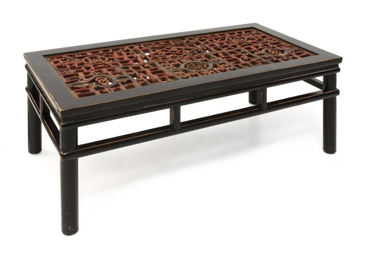 CHINESE LOW TABLE With red, gold and black latticework top, openwork apron and turned legs. Height 19". Top 49" x 25".