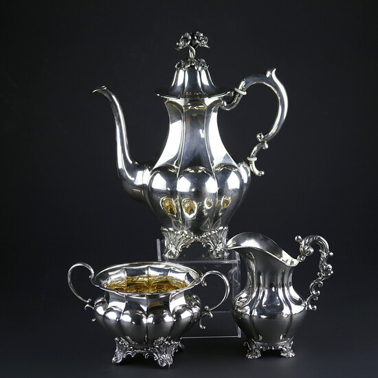 COFFEE POT, SUGAR BOWL and CREAM POT, silver, AGD, 1928-29 and 1864.