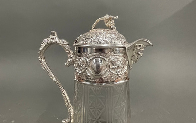 CRYSTAL AND SILVER PLATED JUG.
