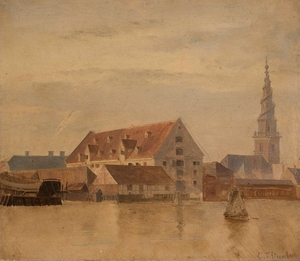 Carl Frederik SØRENSEN Samso, 1818 - Copenhague, 1879 Vue de Copenhague avec l'église Vor Freslers Kirke (église de Notre-Sauveur)
