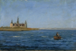 Carl LOCHER Lensborg, 1851- Skagen, 1915 Marine avec pêcheur devant le château de Kronborg