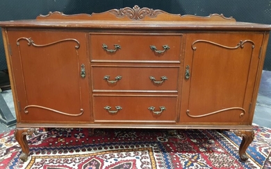 Carved Back Timber Sideboard with two door & three drawers on short carved cabriole legs (H:100 x W:153 x D:50cm)