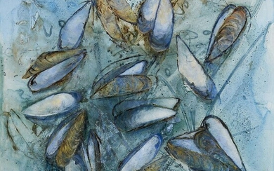 Catherine Forshall, Scottish b.1958 - Native Oysters; acrylic on canvas, signed lower right 'C M Forshall', 110 x 110 cm: together with another work by the same artist of the same size and medium 'Mussels Low Tide' (2) (ARR) Provenance: with Flying...