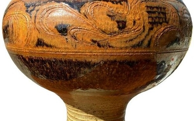 Ceramic Brown Glazed Pottery Vessel Signed