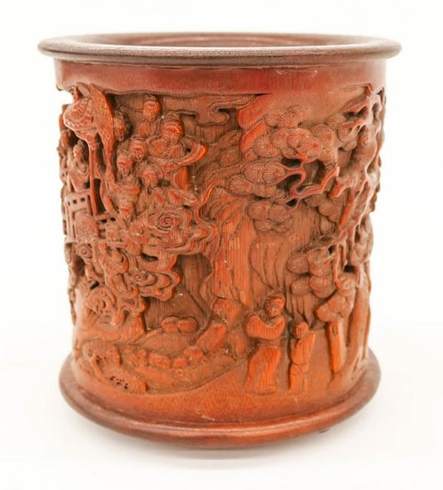 Chinese Bamboo Brush Pot with Scholars in Landscape