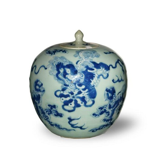 Chinese Celadon Blue and White Lidded Jar, Early 19