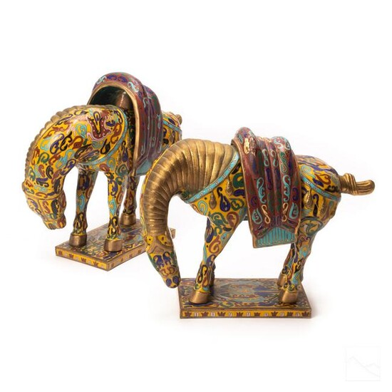 Chinese Enamel Bronze Cloisonne Horse Statues PAIR