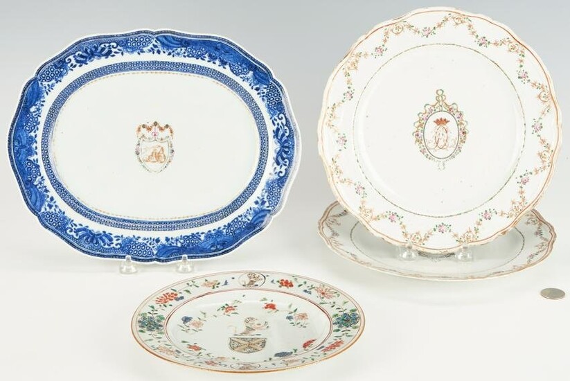 Chinese Export Armorial Platter and 3 Plates, Total 4