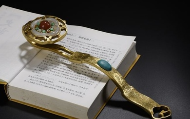Chinese Gilt Gold Bronze Inlay Jade & Gem Ruyi Scepter
