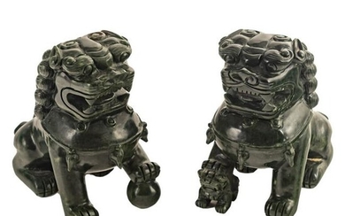 Chinese Pair Hardstone Spinach Jade Foo Dog Lions