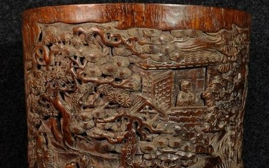 Chinese Qing Dynasty Zitan Wood High Relief Sages Meeting Design Brush Pot