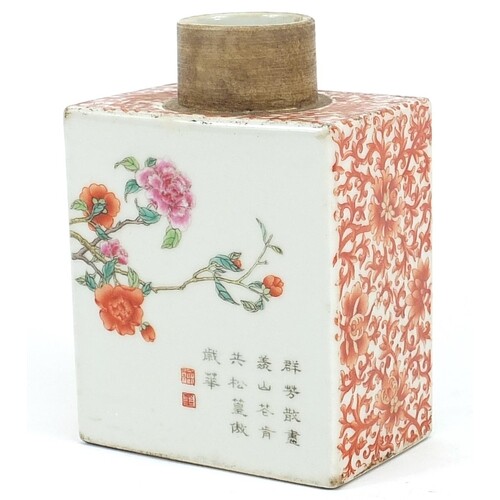 Chinese porcelain tea caddy hand painted in the famille rose...