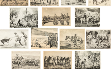 Chuckwagons and Cowboys, Complete Portfolio of 18 Works: Gentle Pony; Spring Work; The Rope Corral; Shipping; New Slippers; Noon On Demand; The Green Bronc; Cow Country; After Supper; Beans for Supper; Spring Branding; Working the Wagon; Morning; Water...