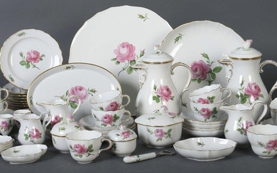 Coffee and breakfast service ''Rote Rose'' Meissen, mostly after 1950 (17 pieces 1924-34), porcelain, glazed and painted with single red roses and rosebuds in mouldy colours, the buds as rosebuds, gold grained, 53 pcs. dam. made of small round bowls...