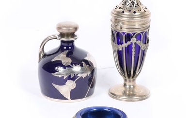 Collection of 3 sterling silver and cobalt glass vessels: ram's head footed salt cellar with cobalt