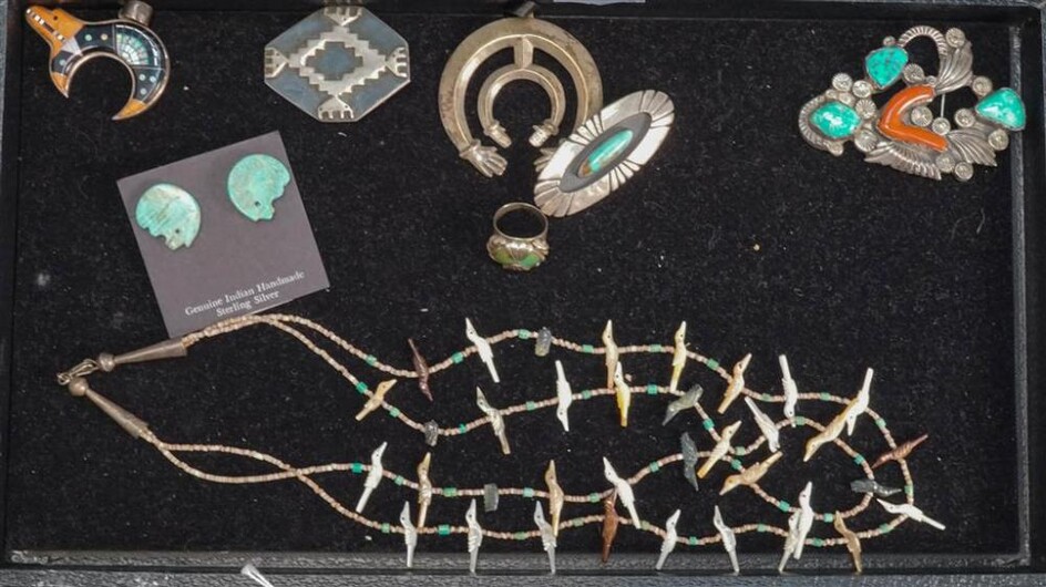 Collection of Native American Silver Jewelry, including: Two Pendants, Three Brooches, a Ring and a 'Bird Fetish' Necklace and Earrin