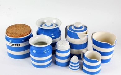 Collection of T.G. Green Cornishware, comprising sugar sifter, three storage jars, coffee pot
