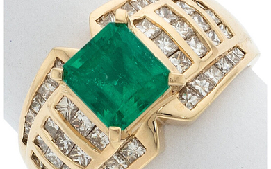 Colombian Emerald, Diamond, Gold Ring Stones: Square emerald-cut emerald...