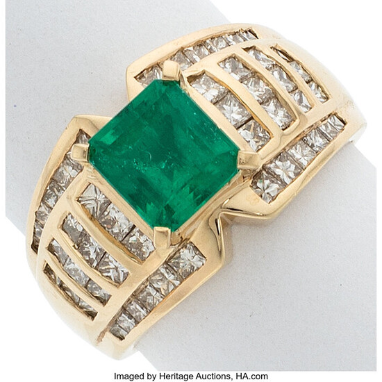 Colombian Emerald, Diamond, Gold Ring Stones: Square emerald-cut emerald...