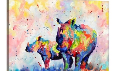 Colourful Pair of Rhinos Canvas Reproduction