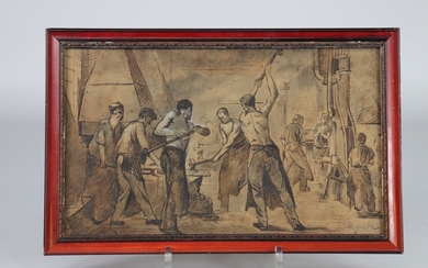 Constantin Emile MEUNIER (1831-1905) dessin "les travailleurs à la forge"