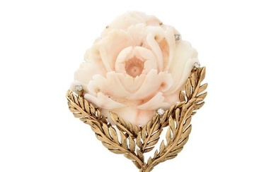 Coral, Diamond and 14K Brooch