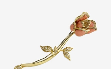 Coral and diamond rose brooch
