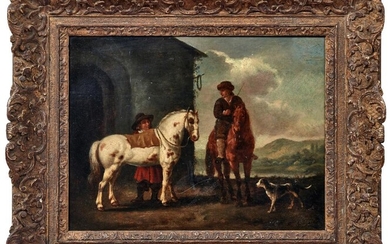 Cuyp, Aelbert Jacobsz.: Zwei Reiter mit Hund vor einem Stall