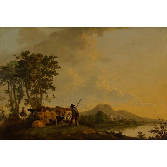 DUTCH SCHOOL (17TH CENTURY) LANDSCAPE WITH PEASANTS AND THEIR CATTLE BEFORE A WATERSIDE VILLAGE
