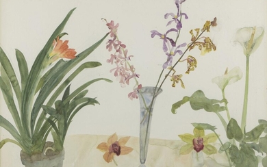 Dame Elizabeth Blackadder DBE RA RSA RSW, Scottish 1931–2021 - Clivia, Orchids and Arun Lily, 1981; watercolour on paper, signed and dated lower left 'Elizabeth Blackadder 1981', 58.1 x 79.5 cm (ARR) Provenance: with Mercury Gallery, London...