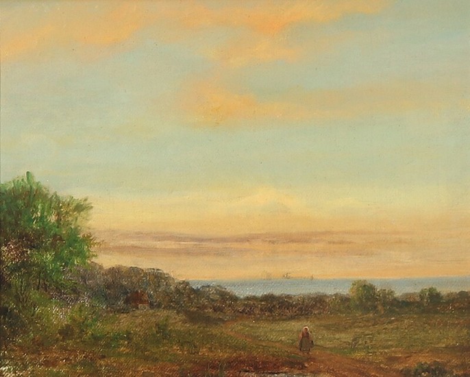 Danish painter, 19th century: Danish landscape. Indistinct signature. Oil on canvas. 24×29.5 cm.
