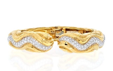 David Webb Platinum & 18K Yellow Gold Rigid Diamond Wave Cuff Bracelet
