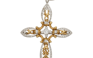 Diamond, Gold Pendant-Brooch Necklace The pendant-brooch features full-cut diamonds...