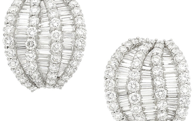 Diamond, Platinum Earrings Stones: Full and baguette-cut diamonds weighing...