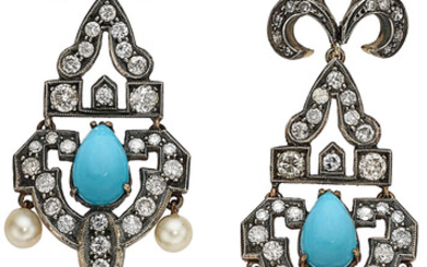 Diamond, Turquoise, Silver-Topped Gold Earrings Stones: Old mine, European,...