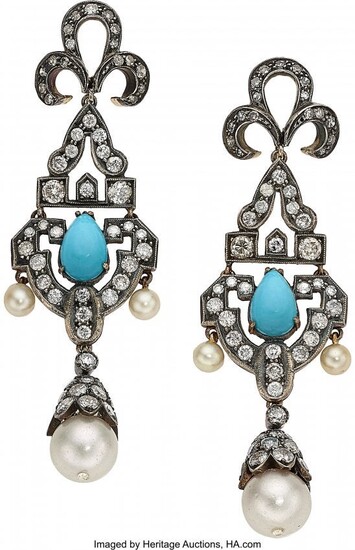 Diamond, Turquoise, Silver-Topped Gold Earrings